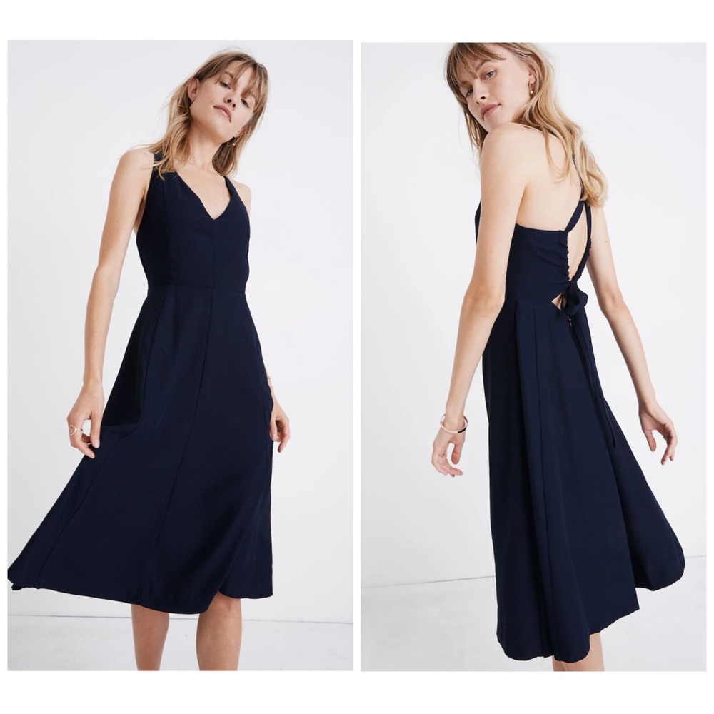 Madewell Navy Cross-Back Midi Fit and Flare Dress